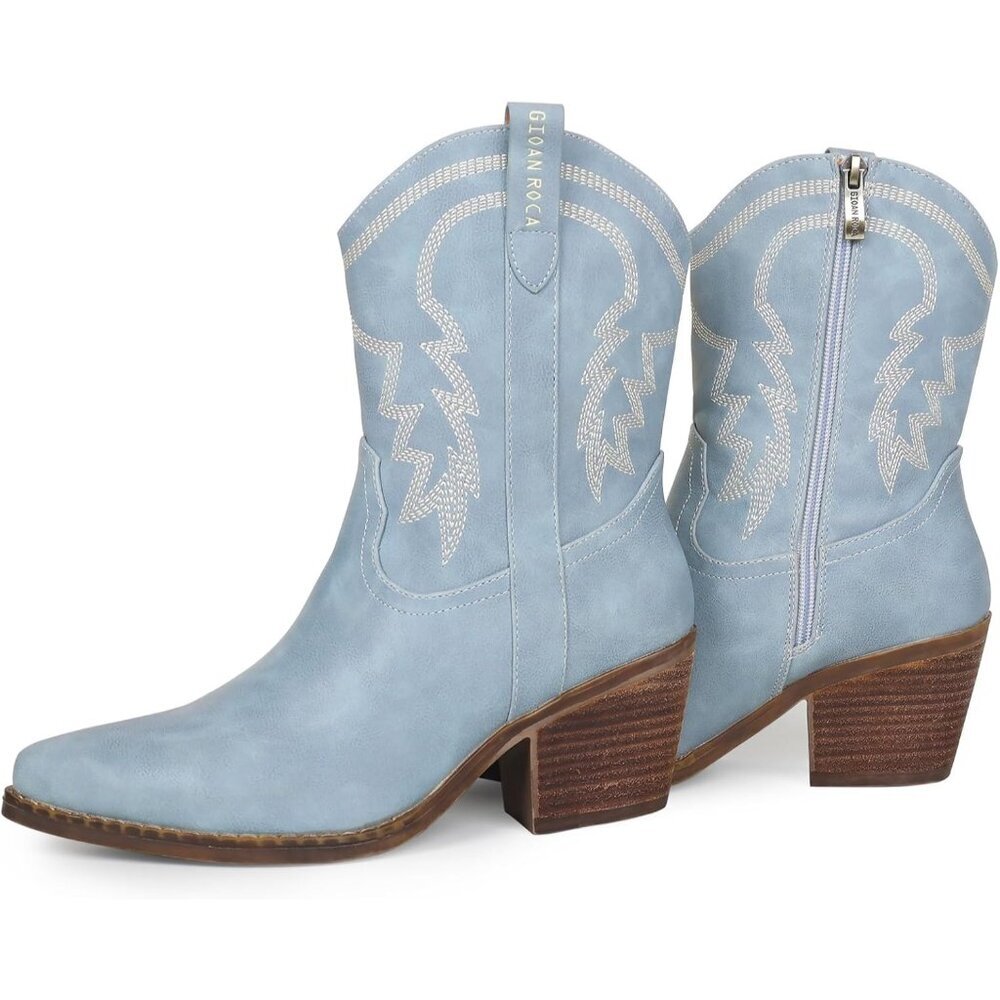 Women's Light Blue Pointed Toe Embroidered Comfy Fashion Vintage Boot Wide Calf